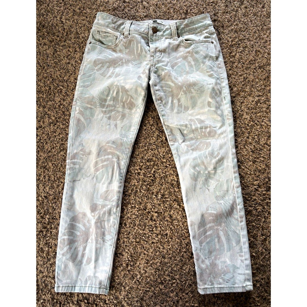 CAbi Paradise Palm Cropped Skinny Jeans Gray Light Wash Tropical Floral size 4
